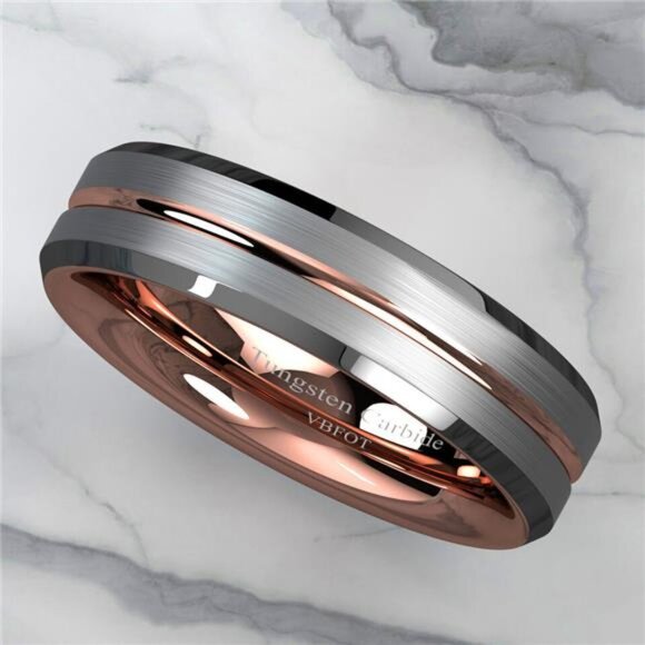 Men's Wedding Band 6mm Silver Brushed Rose Gold Ring for Men and Women - Picture 7 of 7